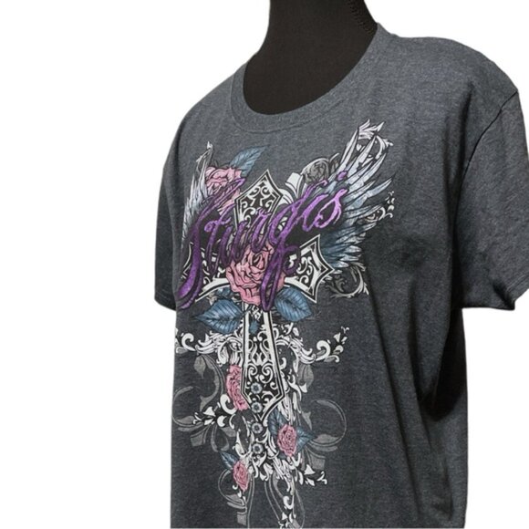 Lady Biker Sturgis 2014 Motorcycle Rally Retro Tattoo Cross Roses Tattoo Size XL - Picture 3 of 13